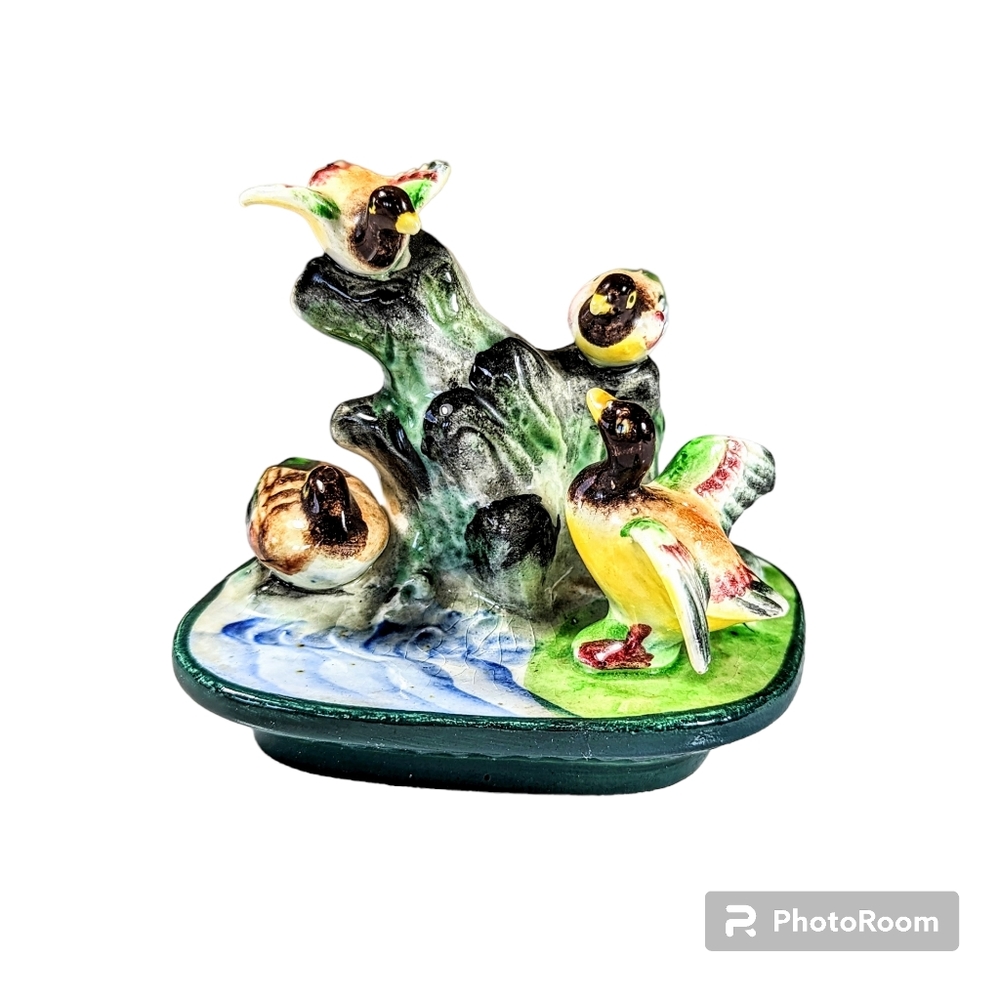 Vintage Ceramic  Mallard Duck Bird Scene Figurine Japan Hand Painted Pagoda Mark